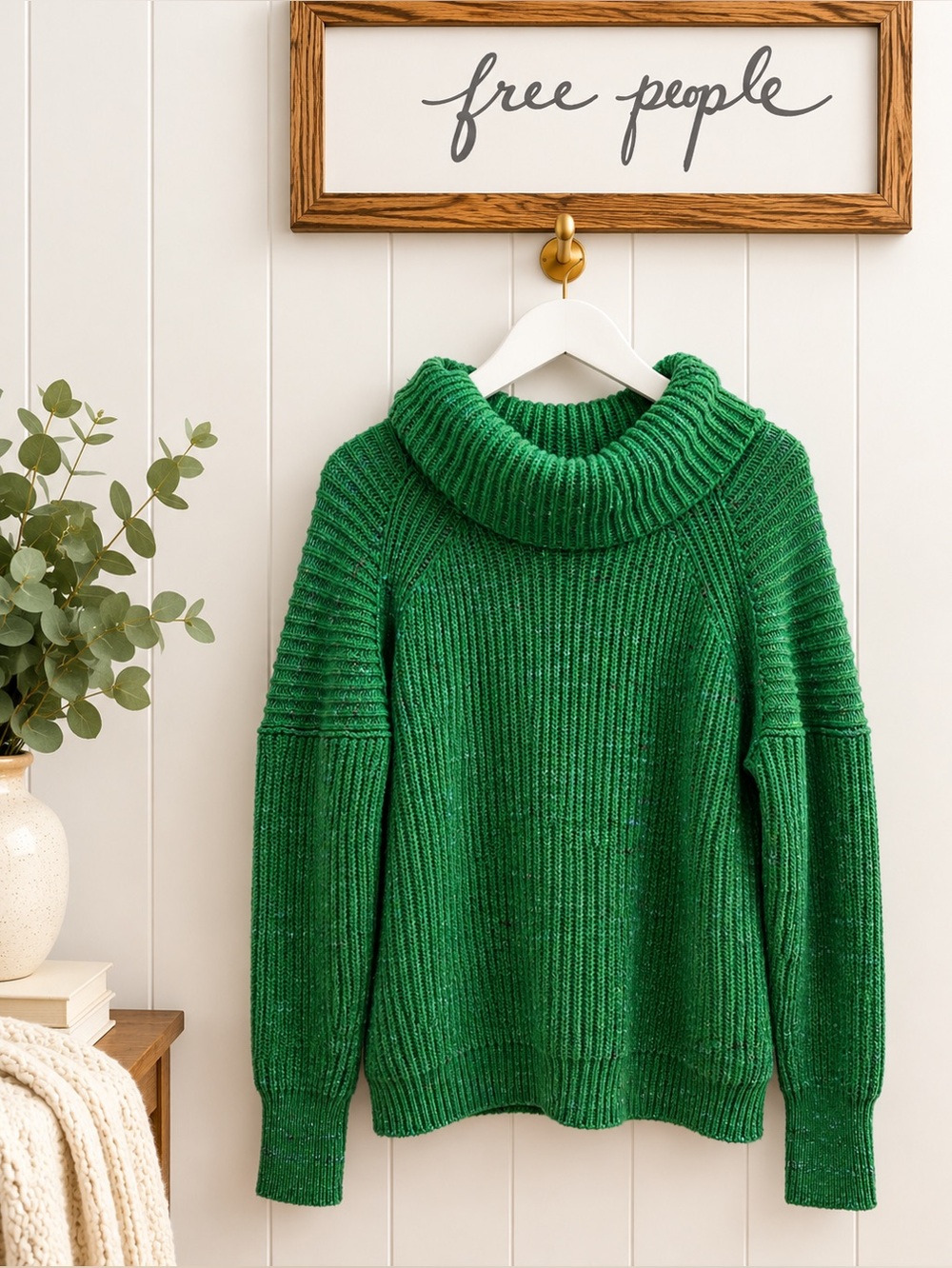 Free People | Green Chunky Knit Turtleneck Sweater | Size M | Oversized